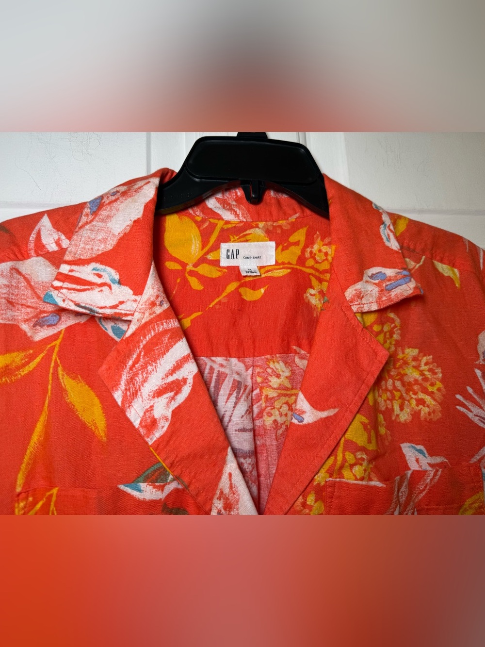 Gap Woman’s XL Camp Shirt Bright Orange Yellow Floral Linen Classic Tropical - Picture 2 of 9